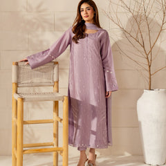 Women's French Crepe Silk Embroidered Straight Kurta Pant Set With Chinnon Dupatta