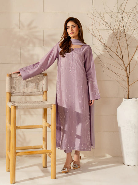 Women's French Crepe Silk Embroidered Straight Kurta Pant Set With Chinnon Dupatta