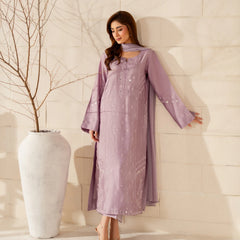 Women's French Crepe Silk Embroidered Straight Kurta Pant Set With Chinnon Dupatta