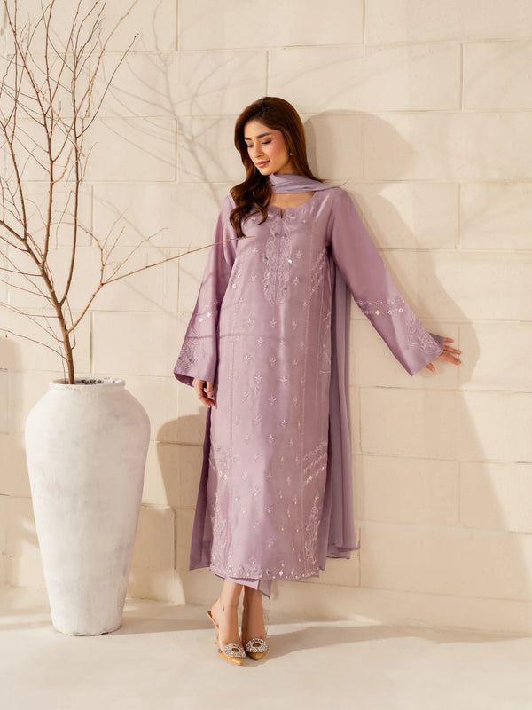 Women's French Crepe Silk Embroidered Straight Kurta Pant Set With Chinnon Dupatta