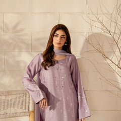 Women's French Crepe Silk Embroidered Straight Kurta Pant Set With Chinnon Dupatta