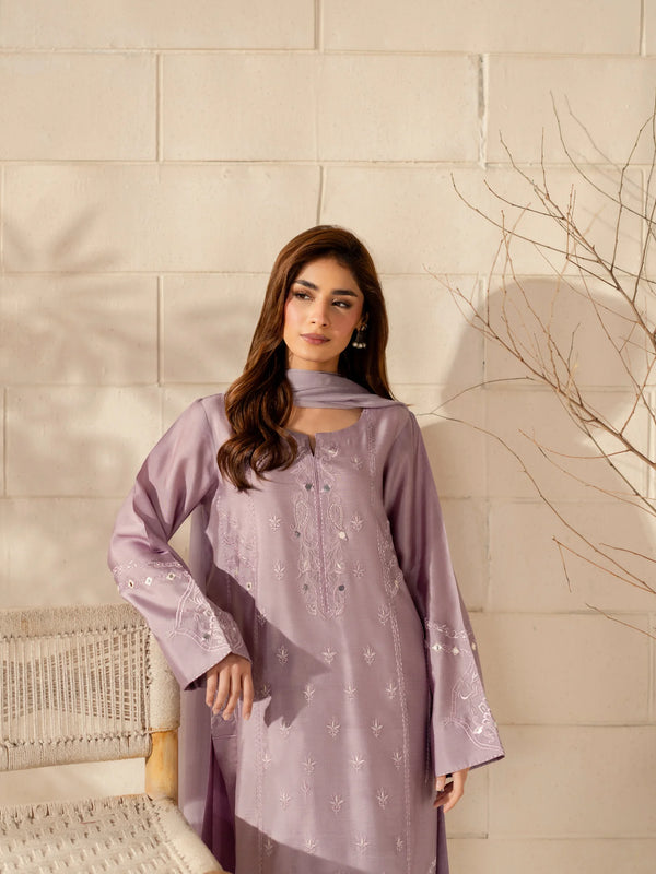 Women's French Crepe Silk Embroidered Straight Kurta Pant Set With Chinnon Dupatta