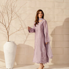 Women's French Crepe Silk Embroidered Straight Kurta Pant Set With Chinnon Dupatta