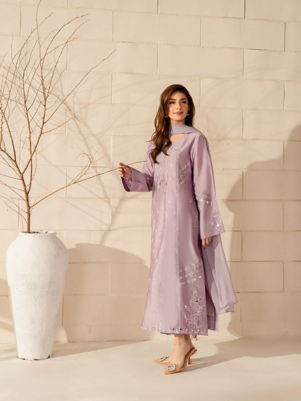 Women's French Crepe Silk Embroidered Straight Kurta Pant Set With Chinnon Dupatta