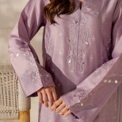 Women's French Crepe Silk Embroidered Straight Kurta Pant Set With Chinnon Dupatta