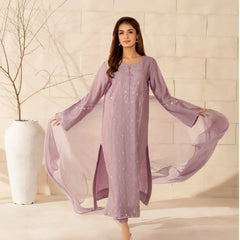 Women's French Crepe Silk Embroidered Straight Kurta Pant Set With Chinnon Dupatta