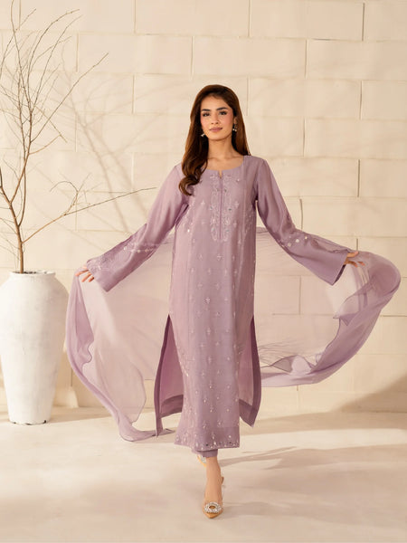 Women's French Crepe Silk Embroidered Straight Kurta Pant Set With Chinnon Dupatta