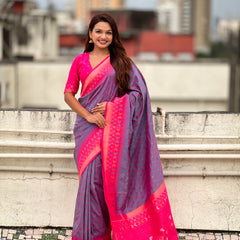 Premium Patola Silk Saree With Meenakari Ikkat Weaving & Brocade Blouse