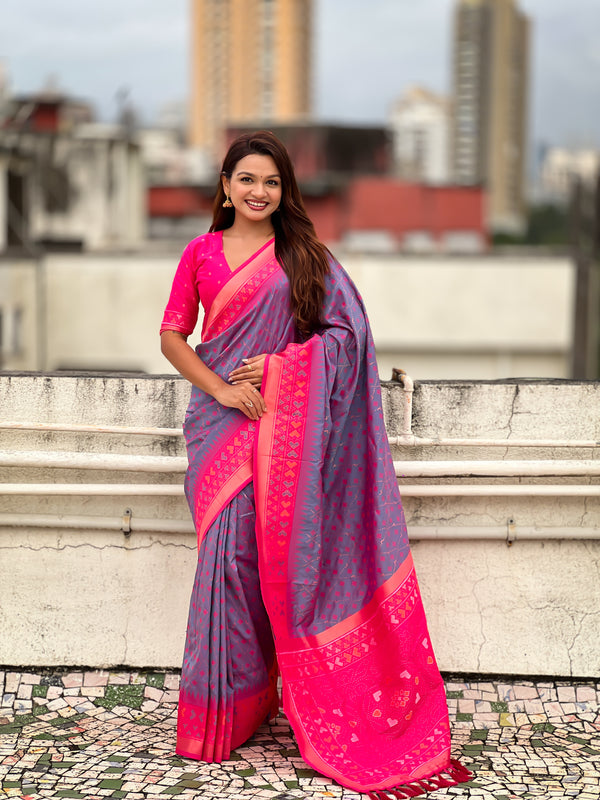 Premium Patola Silk Saree With Meenakari Ikkat Weaving & Brocade Blouse