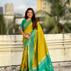 Premium Patola Silk Saree With Meenakari Ikkat Weaving & Brocade Blouse