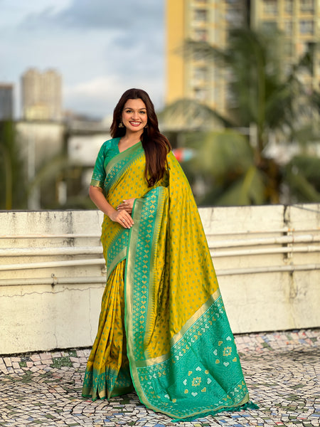 Premium Patola Silk Saree With Meenakari Ikkat Weaving & Brocade Blouse