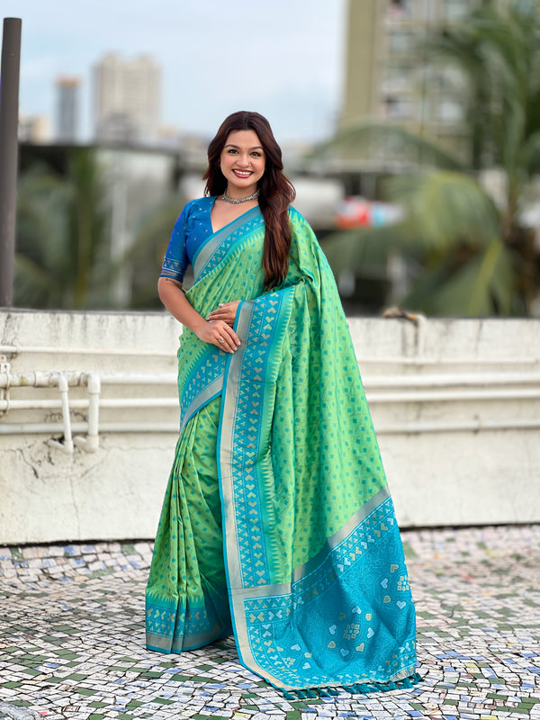 Premium Patola Silk Saree With Meenakari Ikkat Weaving & Brocade Blouse