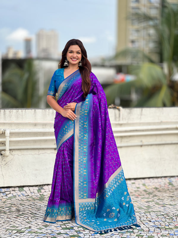 Premium Patola Silk Saree With Meenakari Ikkat Weaving & Brocade Blouse