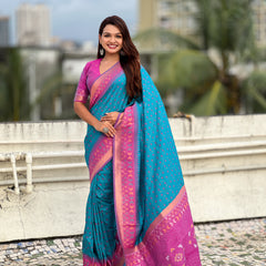 Premium Patola Silk Saree With Meenakari Ikkat Weaving & Brocade Blouse
