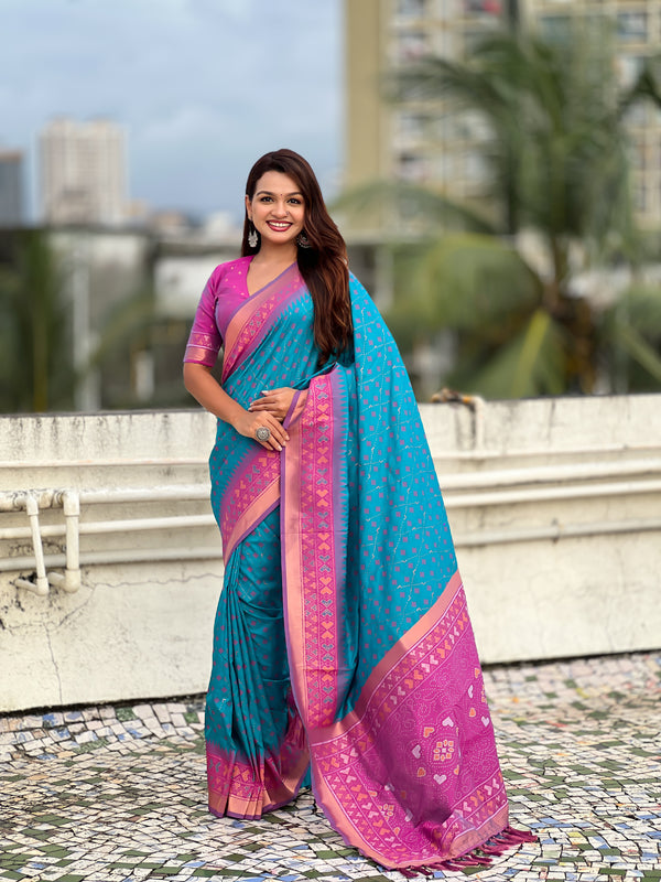 Premium Patola Silk Saree With Meenakari Ikkat Weaving & Brocade Blouse