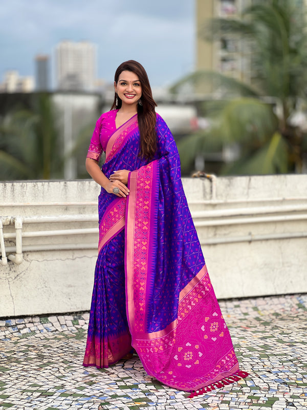 Premium Patola Silk Saree With Meenakari Ikkat Weaving & Brocade Blouse