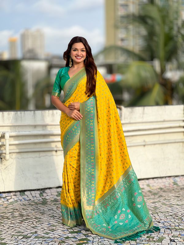 Premium Patola Silk Saree With Meenakari Ikkat Weaving & Brocade Blouse