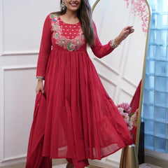 Women’s Chinnon Embroidered Flared Gown With Bottom & Soft Chanderi Cotton Dupatta Set