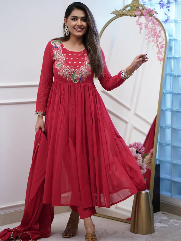Women’s Chinnon Embroidered Flared Gown With Bottom & Soft Chanderi Cotton Dupatta Set