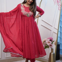 Women’s Chinnon Embroidered Flared Gown With Bottom & Soft Chanderi Cotton Dupatta Set