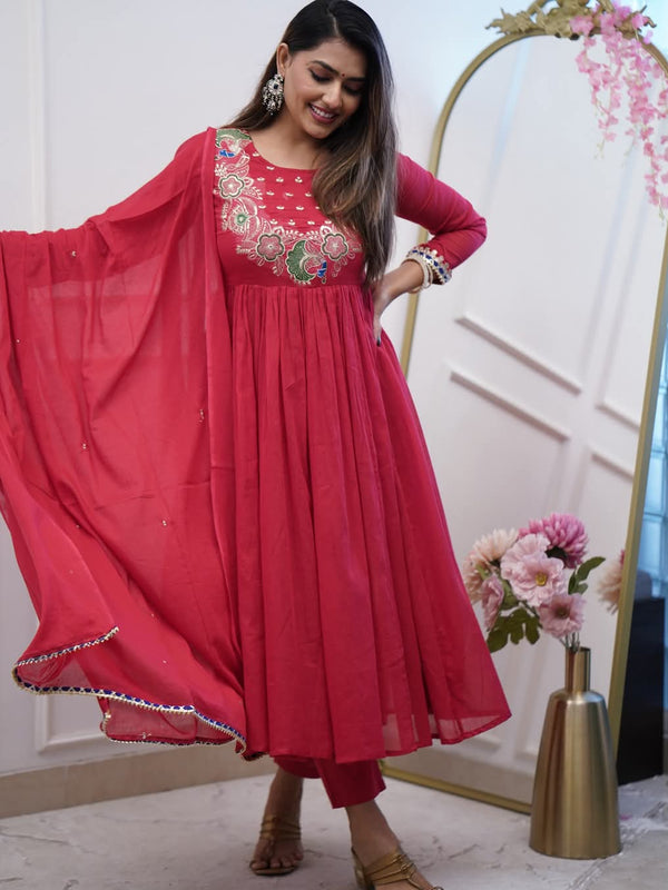 Women’s Chinnon Embroidered Flared Gown With Bottom & Soft Chanderi Cotton Dupatta Set