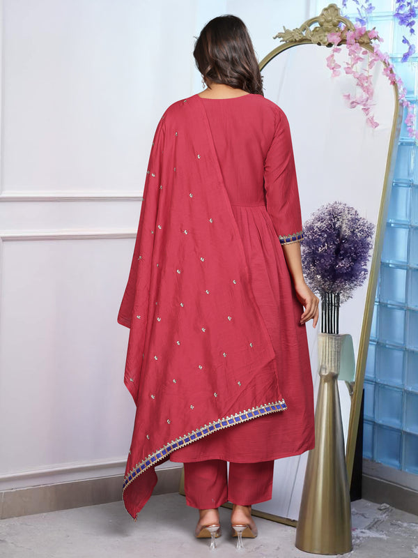 Women’s Chinnon Embroidered Flared Gown With Bottom & Soft Chanderi Cotton Dupatta Set