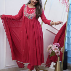 Women’s Chinnon Embroidered Flared Gown With Bottom & Soft Chanderi Cotton Dupatta Set