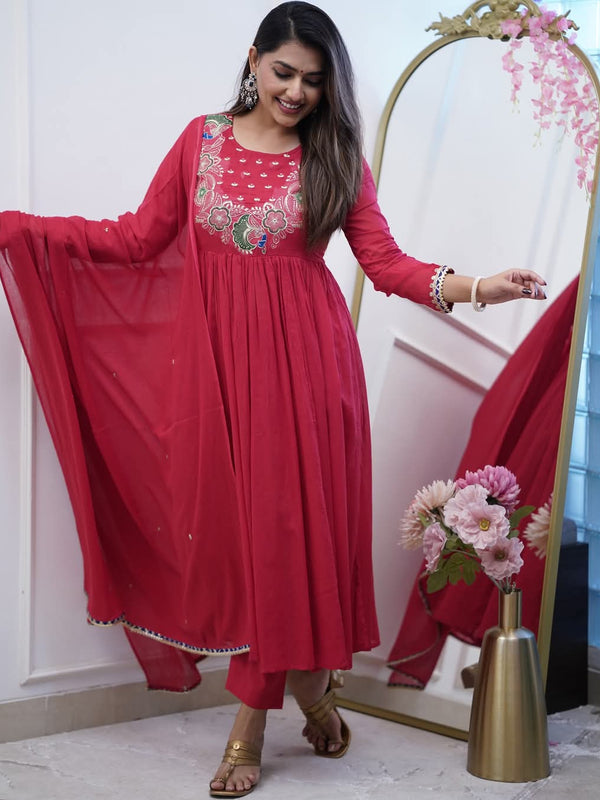 Women’s Chinnon Embroidered Flared Gown With Bottom & Soft Chanderi Cotton Dupatta Set