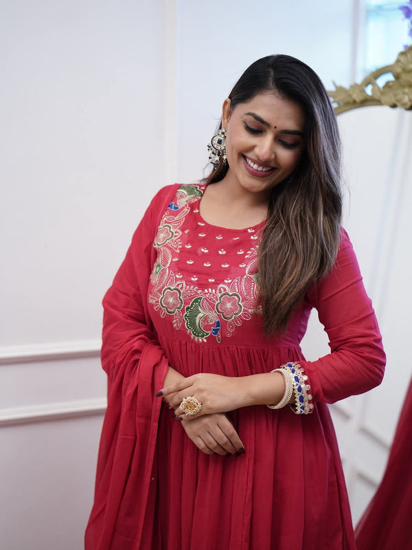 Women’s Chinnon Embroidered Flared Gown With Bottom & Soft Chanderi Cotton Dupatta Set