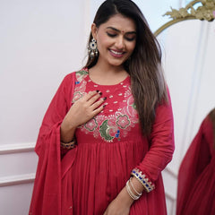 Women’s Chinnon Embroidered Flared Gown With Bottom & Soft Chanderi Cotton Dupatta Set