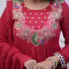 Women’s Chinnon Embroidered Flared Gown With Bottom & Soft Chanderi Cotton Dupatta Set