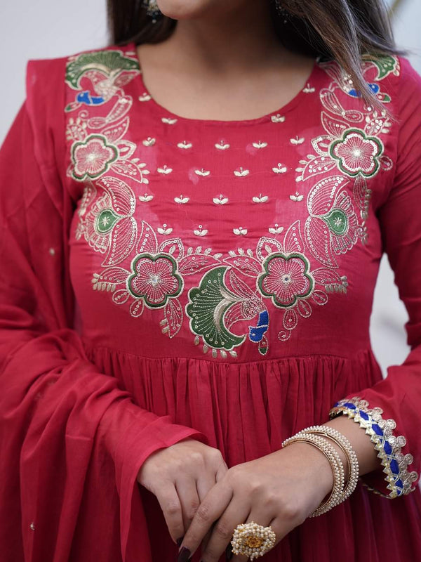 Women’s Chinnon Embroidered Flared Gown With Bottom & Soft Chanderi Cotton Dupatta Set