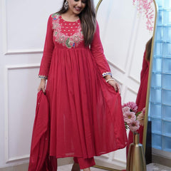 Women’s Chinnon Embroidered Flared Gown With Bottom & Soft Chanderi Cotton Dupatta Set