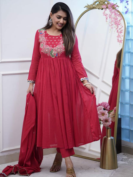 Women’s Chinnon Embroidered Flared Gown With Bottom & Soft Chanderi Cotton Dupatta Set