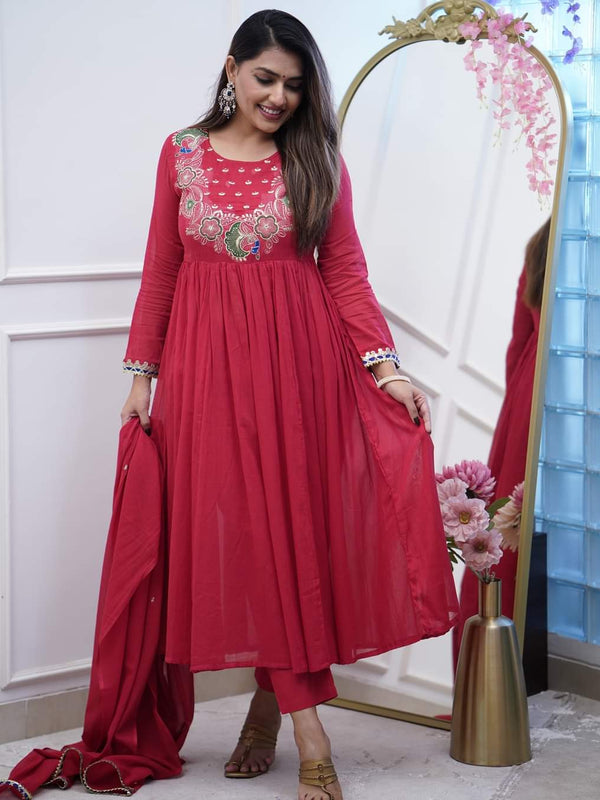 Women’s Chinnon Embroidered Flared Gown With Bottom & Soft Chanderi Cotton Dupatta Set