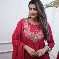 Women’s Chinnon Embroidered Flared Gown With Bottom & Soft Chanderi Cotton Dupatta Set