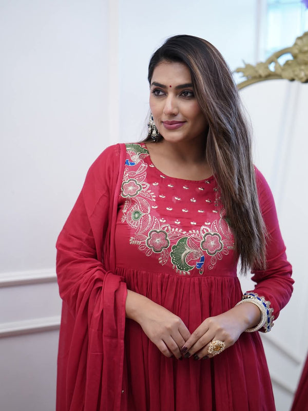 Women’s Chinnon Embroidered Flared Gown With Bottom & Soft Chanderi Cotton Dupatta Set