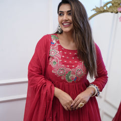 Women’s Chinnon Embroidered Flared Gown With Bottom & Soft Chanderi Cotton Dupatta Set