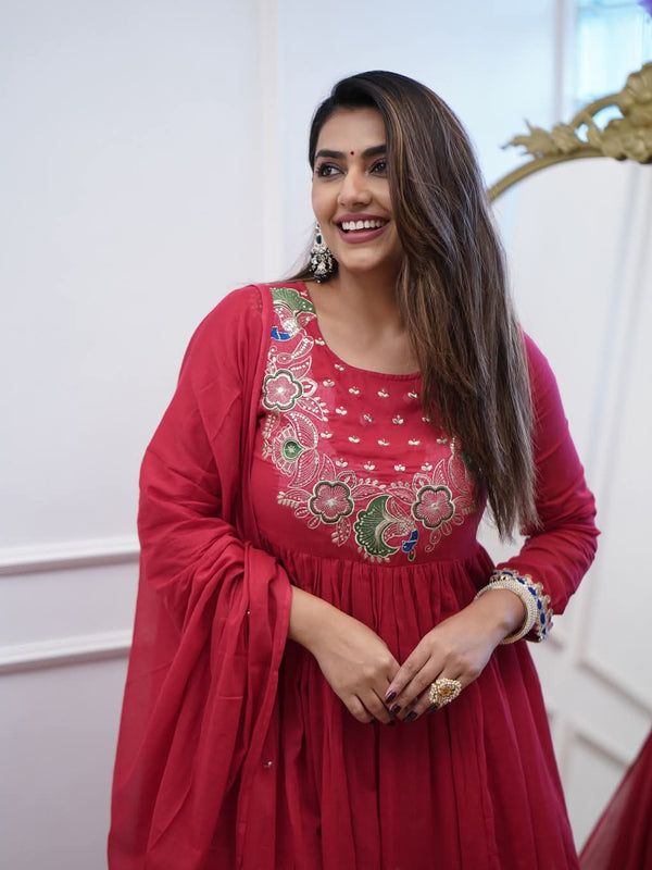Women’s Chinnon Embroidered Flared Gown With Bottom & Soft Chanderi Cotton Dupatta Set