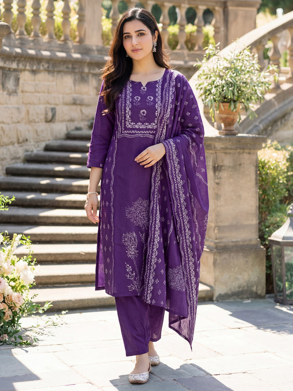 Women's Muslin Hand Printed Kurta Pant Dupatta Set