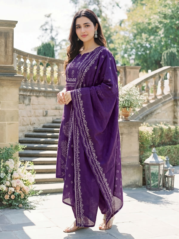 Women's Muslin Hand Printed Kurta Pant Dupatta Set
