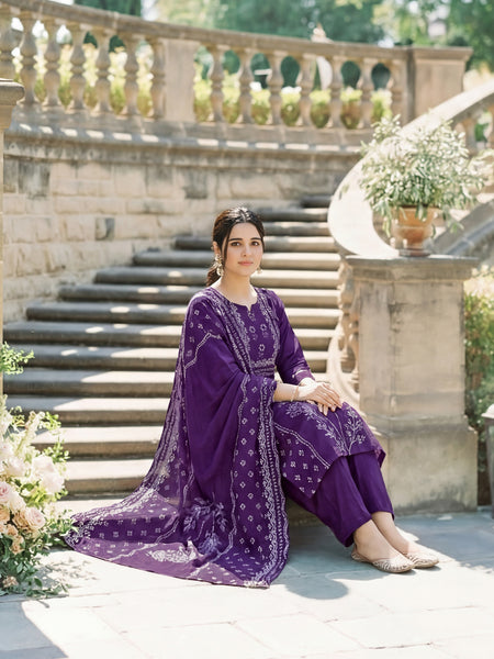 Women's Muslin Hand Printed Kurta Pant Dupatta Set