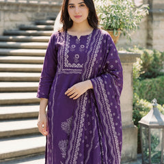 Women's Muslin Hand Printed Kurta Pant Dupatta Set