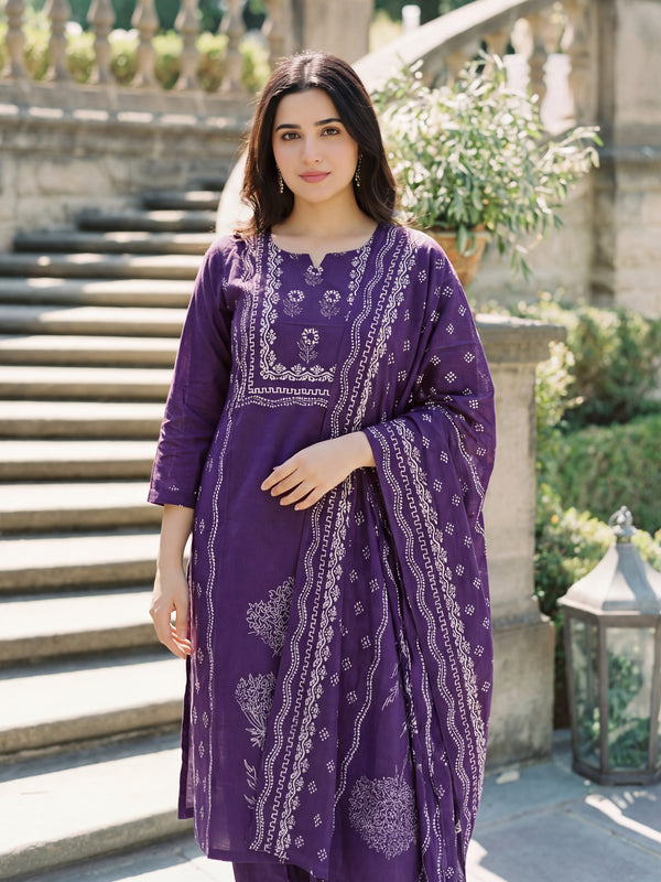 Women's Muslin Hand Printed Kurta Pant Dupatta Set