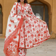 Women’s Cotton Slub Printed Kurti Set with Voile Silk Dupatta