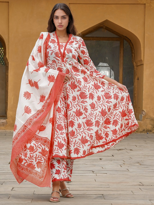 Women’s Cotton Slub Printed Kurti Set with Voile Silk Dupatta