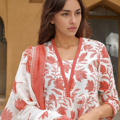 Women’s Cotton Slub Printed Kurti Set with Voile Silk Dupatta