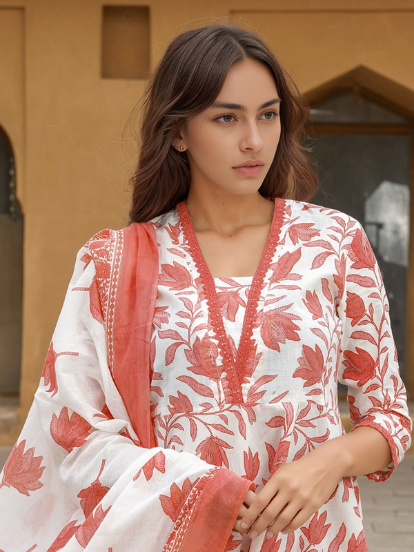 Women’s Cotton Slub Printed Kurti Set with Voile Silk Dupatta