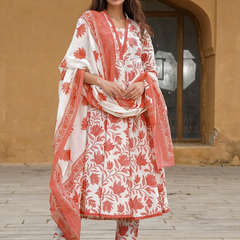 Women’s Cotton Slub Printed Kurti Set with Voile Silk Dupatta