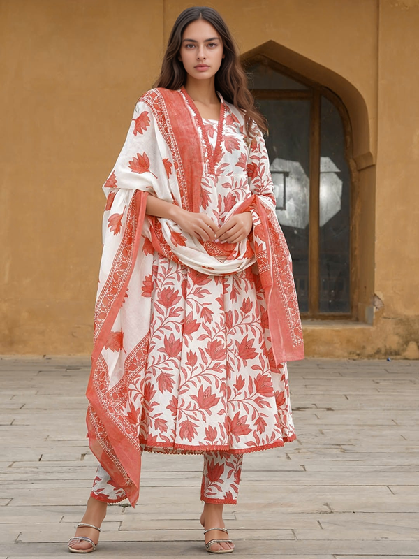 Women’s Cotton Slub Printed Kurti Set with Voile Silk Dupatta